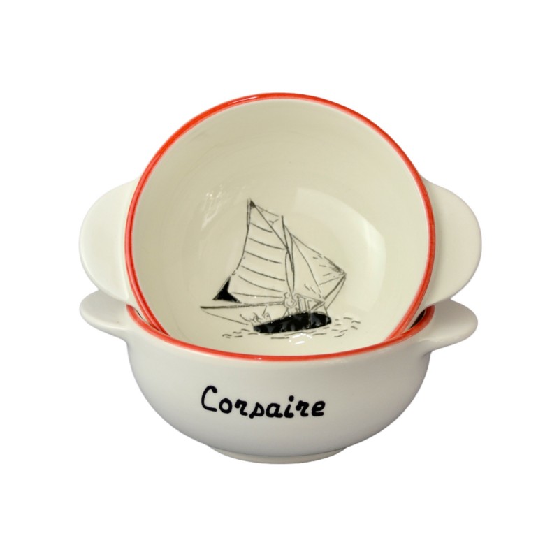 bol breton dessin bateau, écriture "corsaire", bord rouge, extérieur et intérieur