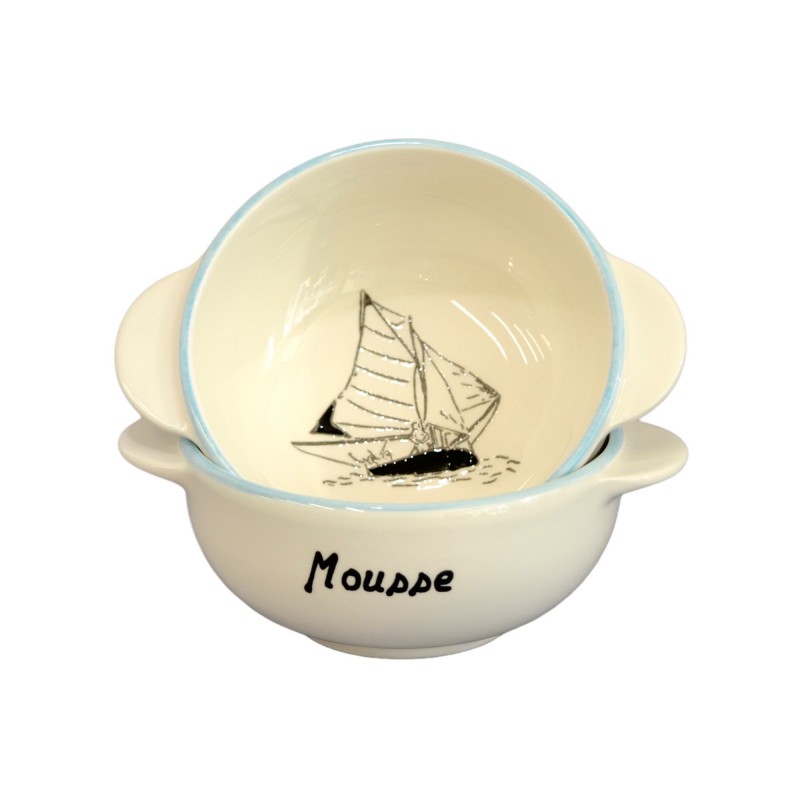 bol breton, avec un bateau, écriture "mousse", bord bleu, extérieur et intérieur