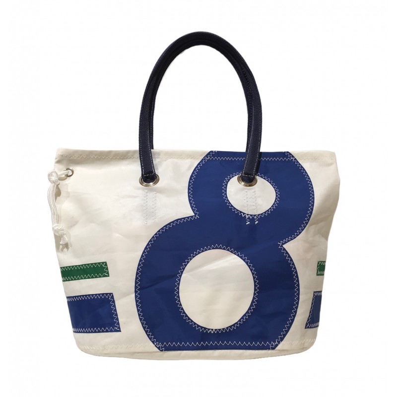 sac à main en voile, blanc avec numéro bleu, de face