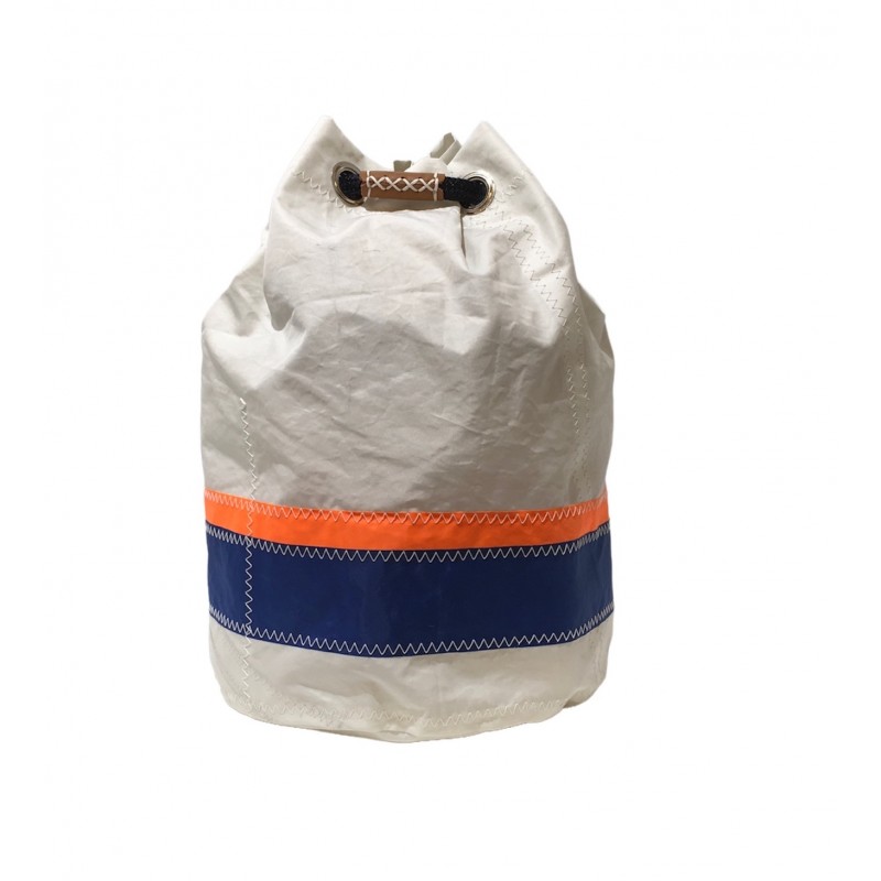 sac à dos en voile, blanc avec des bandes de couleurs, de face