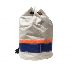 sac à dos en voile, blanc avec des bandes de couleurs, de biais