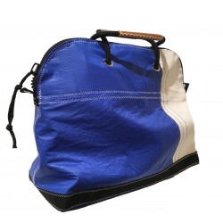 sac de voyage en voile, bleu et blanc, de biais