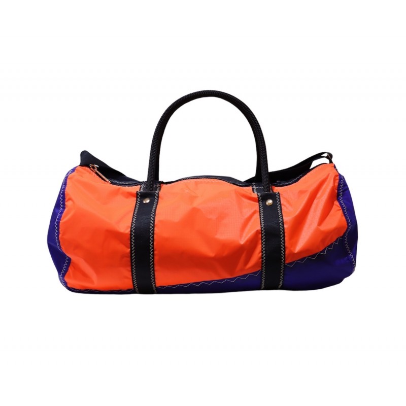 sac polochon de taille moyenne, en voile orange et bleu, de face