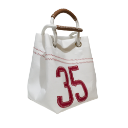 sac à main en voile, blanc avec numéro en rouge, de biais