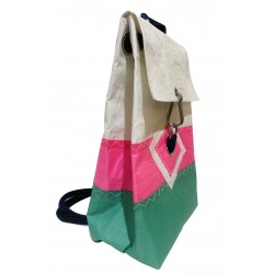 sac à dos en voile, rose et vert trésor de profil