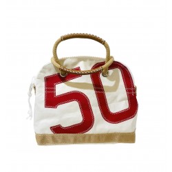 sac à main en voile, blanc avec numéro rouge, de face