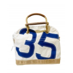 sac à main en voile, blanc avec numéro bleu, de face