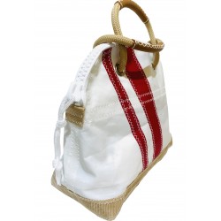 sac de voyage en voile, blanc avec bandes rouges, de biais