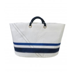 sac cabas blanc avec bandes bleues en voile les lices de face