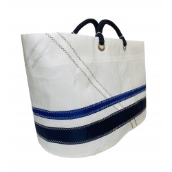 sac cabas blanc avec bandes bleues en voile les lices de biais