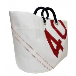sac cabas en voile, blanc avec numéro rouge, de biais