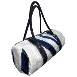 mini sac polochon en voile, blanc avec bandes bleues, de biais