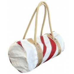 mini sac polochon en voile, blanc avec des bandes rouges, de biais