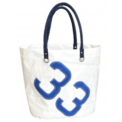 sac cabas blanc avec numéro en bleu, en voile "cowes" de face