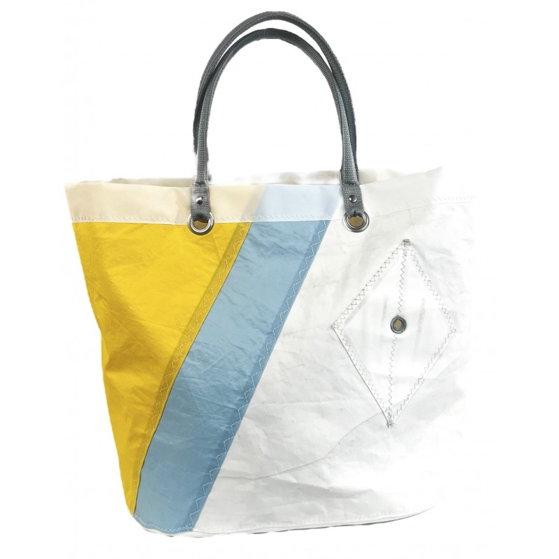 sac cabas en voile blanc bleu et jaune "cowes" de face