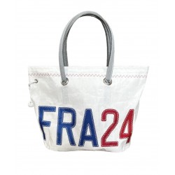 sac cabas en voile recyclée, blanc avec inscription FRA 24, de face