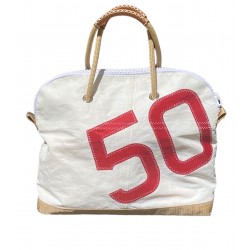 sac de voyage blanc avec numéro rouge de face