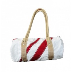 mini sac polochon en voile, blanc avec des bandes rouges, de face