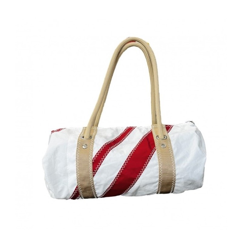 mini sac polochon en voile, blanc avec des bandes rouges, de face