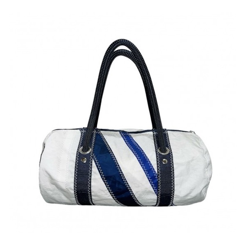 mini sac polochon en voile, blanc avec des bandes bleues, de face