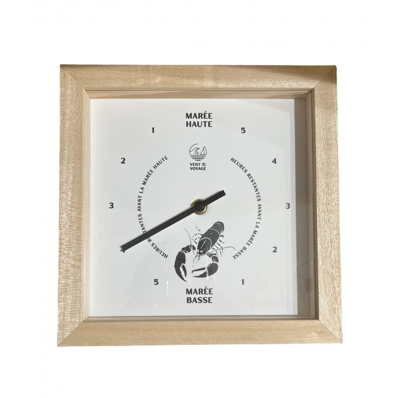 horloge à marées, bois et blanche avec un homard, de face