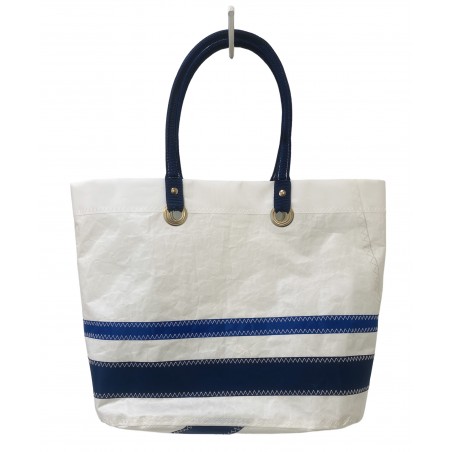 Sac cabas en voile blanche avec des bandes de couleurs, de face