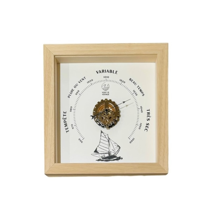 baromètre blanc et bois avec un bateau, de face