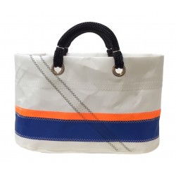 Sac cabas en voile, blanc avec bandes bleue et orange de face