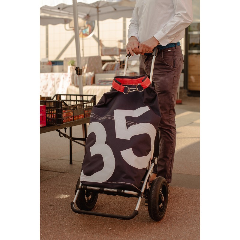 caddie de course en voile, bleu avec numéro en voile et sangle rouge