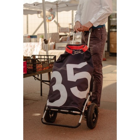 caddie de course en voile, bleu avec numéro en voile et sangle rouge