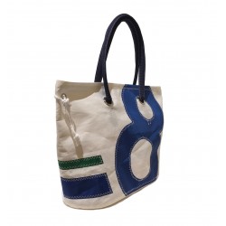 sac à main en voile, blanc avec numéro bleu, de biais