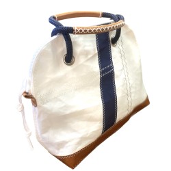 Sac  à main Jimmy, voile blanche, cuir italien, bandes bleu marine profil