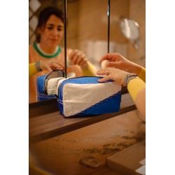 photo d'une trousse de toilette blanche et bleue devant un miroir