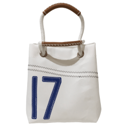 sac à main en voile, blanc avec numéro bleu roi, de face