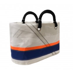 Sac cabas blanc avec bandes bleue et orange de biais