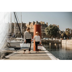 photo Sac cabas en voile, blanc avec bandes bleue et orange