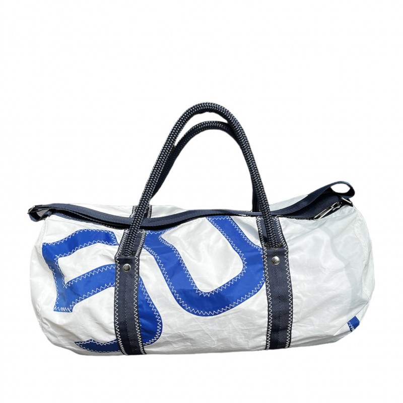 sac polochon de taille moyenne, en voile, blanc avec numéro, de face