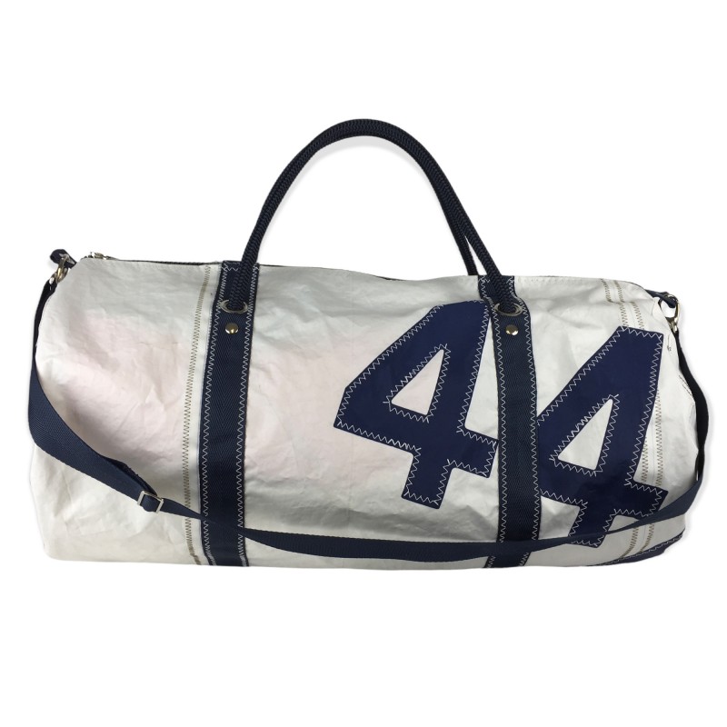 sac de voyage en voile, blanc avec numéro bleu, de face
